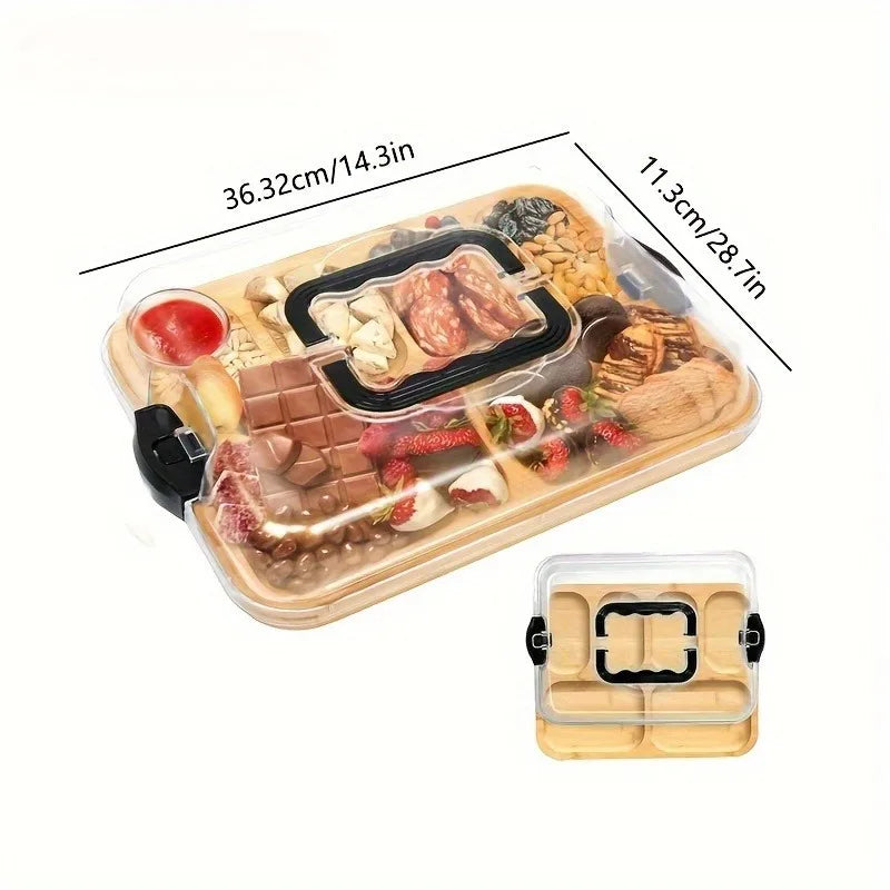 Stylish Natural Bamboo Cheese Tray – 1pc with Snap-On Acrylic Lid! Easy-Clean Party Serving Platter & Charcuterie Organizer