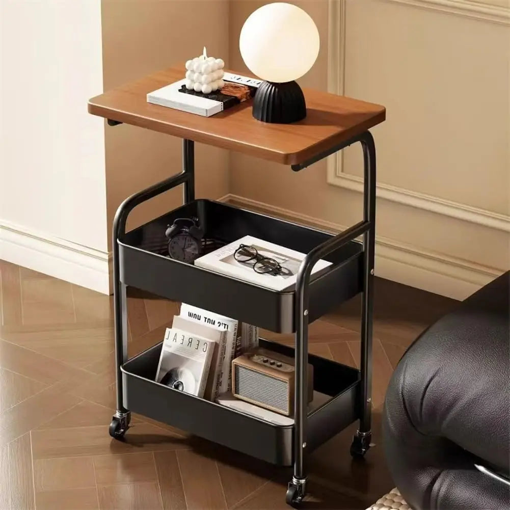 3-Tier Rolling Cart w/Wooden Tabletop, Utility Cart w/Lockable Wheels, Multipurpose Storage Organizer Trolley for Kitchen Office