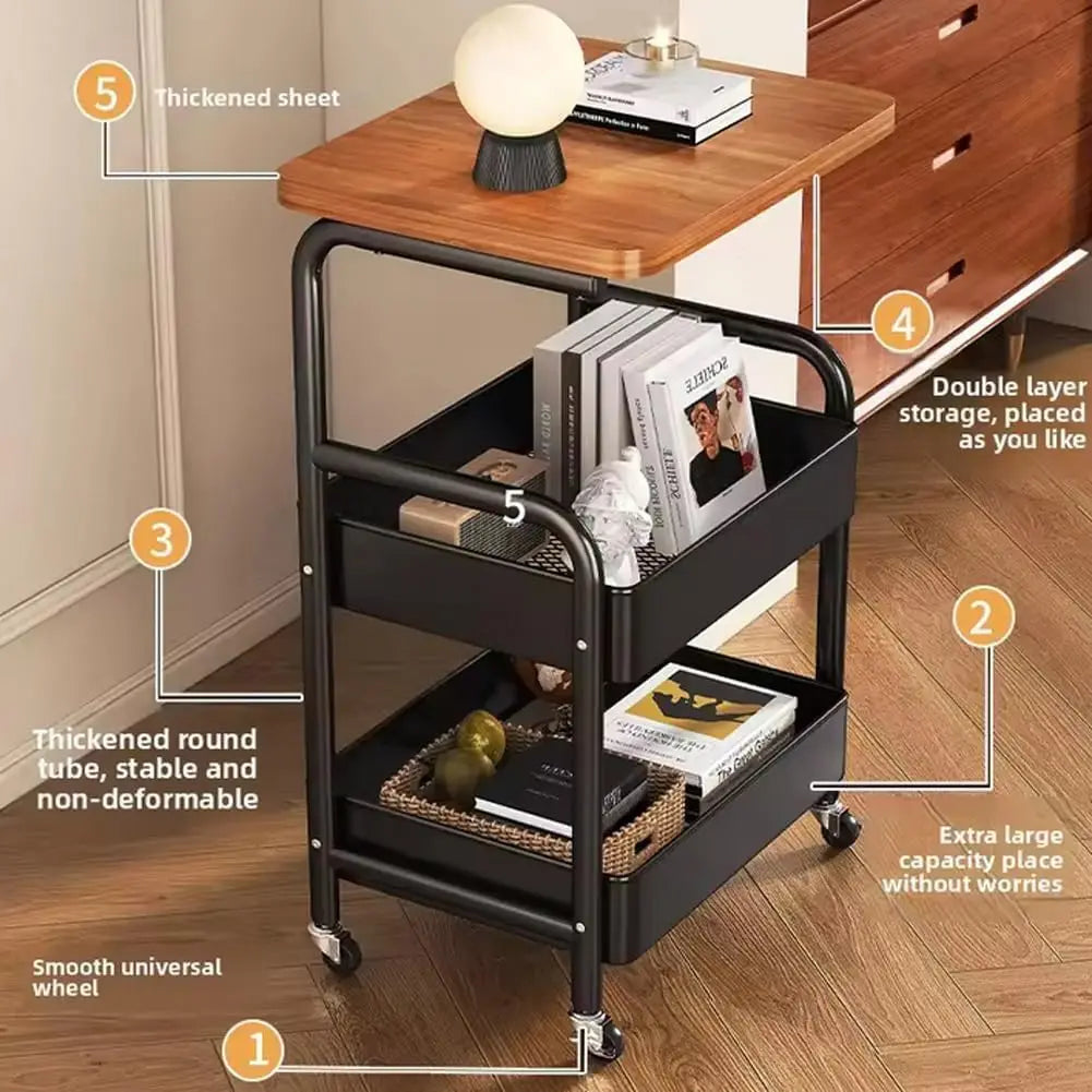 3-Tier Rolling Cart w/Wooden Tabletop, Utility Cart w/Lockable Wheels, Multipurpose Storage Organizer Trolley for Kitchen Office