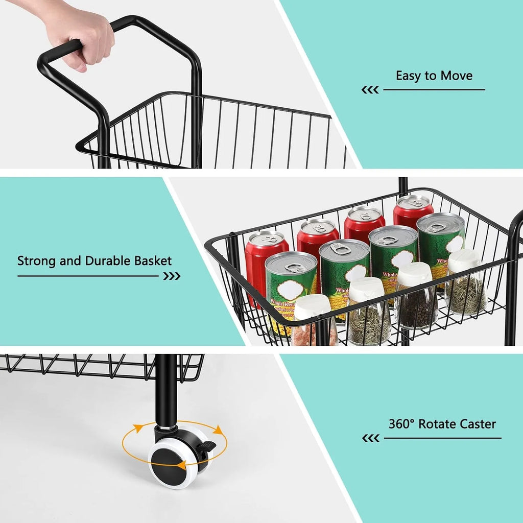 Metal 3-Tier Rolling Kitchen Cart | Multi-Purpose Storage with Handle & Basket | Living/Dining/Laundry Utility Cart, Black