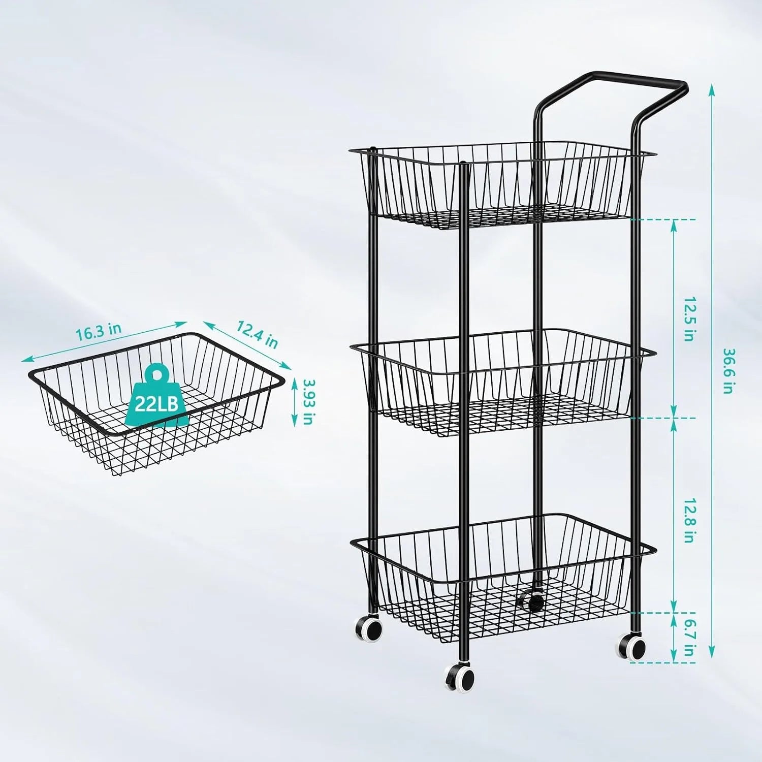 Metal 3-Tier Rolling Kitchen Cart | Multi-Purpose Storage with Handle & Basket | Living/Dining/Laundry Utility Cart, Black